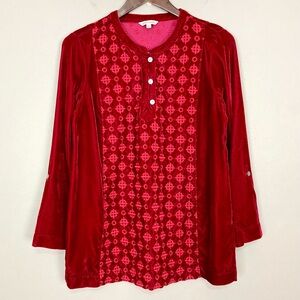John Mark Embroidered Velvet Tunic Top Women’s Size S Roll Tab Sleeves Side Slit